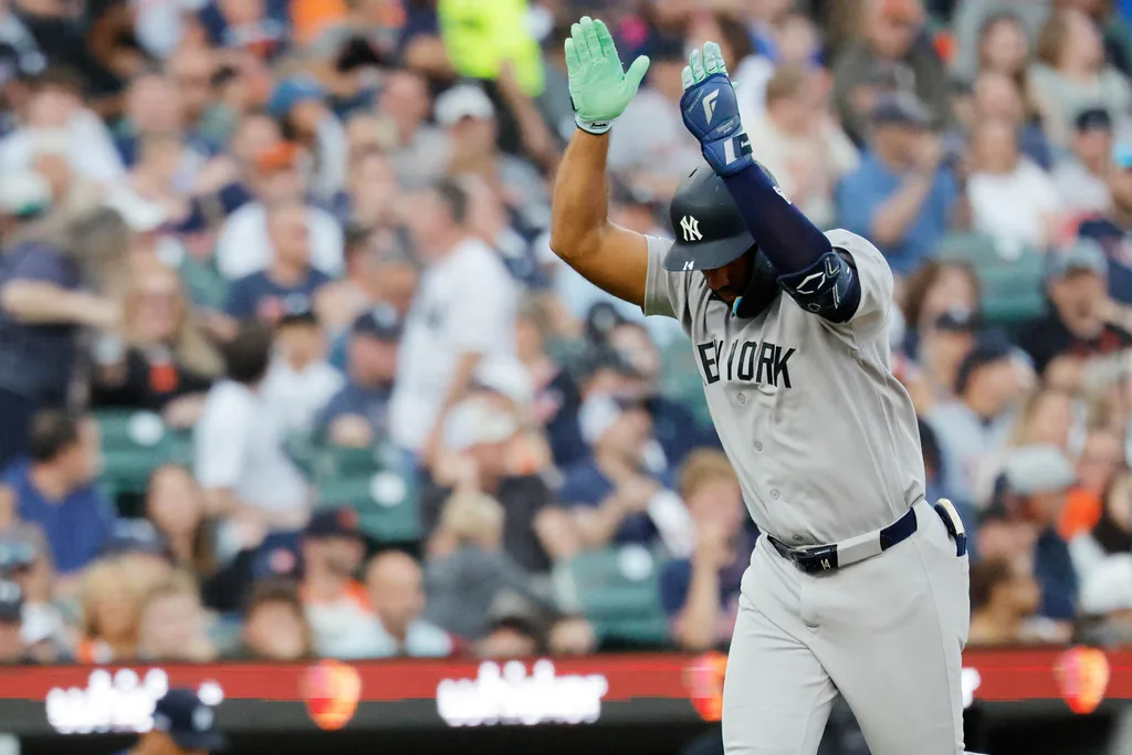 Jun 22, 2026; Detroit, Michigan, USA; New York Yankees third baseman Amed Rosario (14) celebrates after he hits a two run home run in the seventh inning against the Detroit Tigers at Comerica Park. Mandatory Credit: Rick Osentoski-Imagn Images
