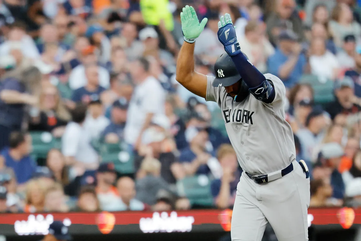 Jun 22, 2026; Detroit, Michigan, USA; New York Yankees third baseman Amed Rosario (14) celebrates after he hits a two run home run in the seventh inning against the Detroit Tigers at Comerica Park. Mandatory Credit: Rick Osentoski-Imagn Images