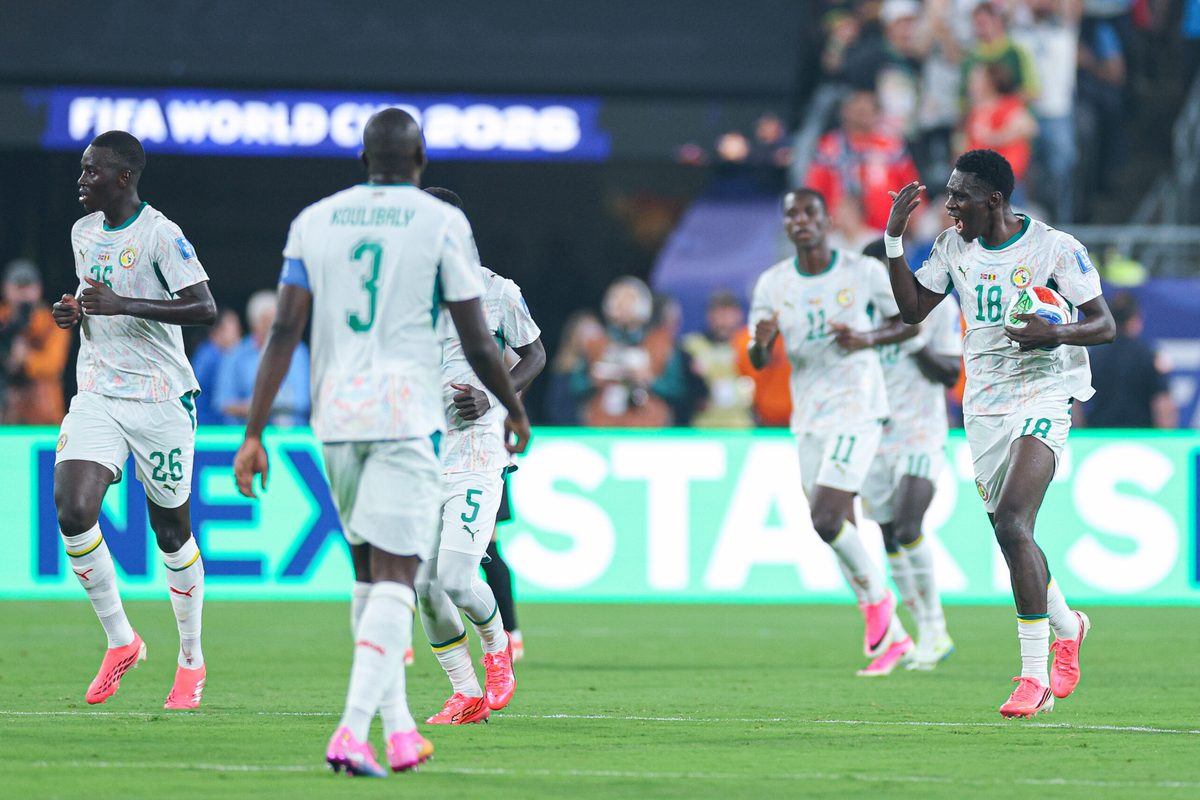 Jun 22, 2026; East Rutherford, New Jersey, USA; Senegal midfielder Ismaila Sarr (18) celebrates after scoring a goal against Norway during a Group I match of the 2026 FIFA World Cup at New York New Jersey Stadium. Mandatory Credit: Vincent Carchietta-Imagn Images