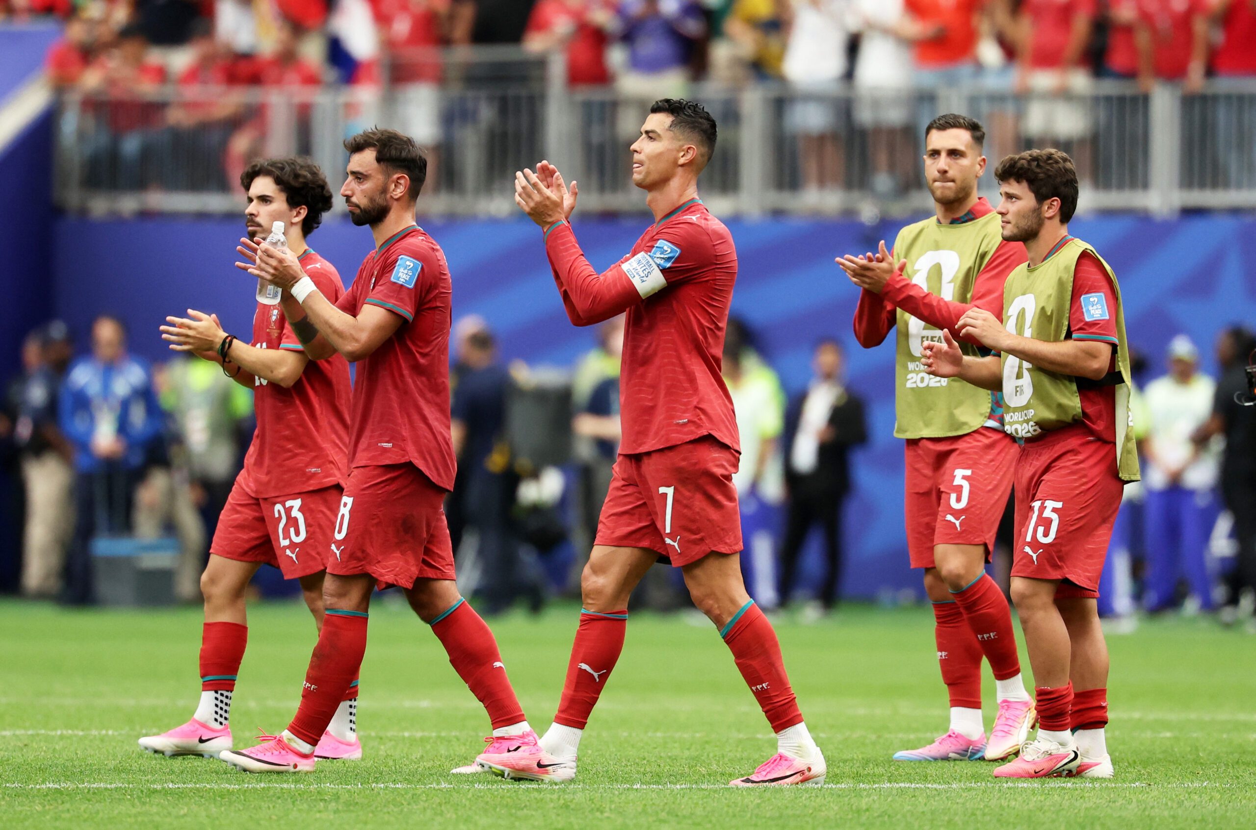 June 23, 2026; Houston, Texas, U.S.; Portugal's Cristiano Ronaldo, Bruno Fernandes, Vitinha, Joao Neves and Diogo Dalot celebrate after the match.  Mandatory Credit: Troy Taormina-Imagn Images