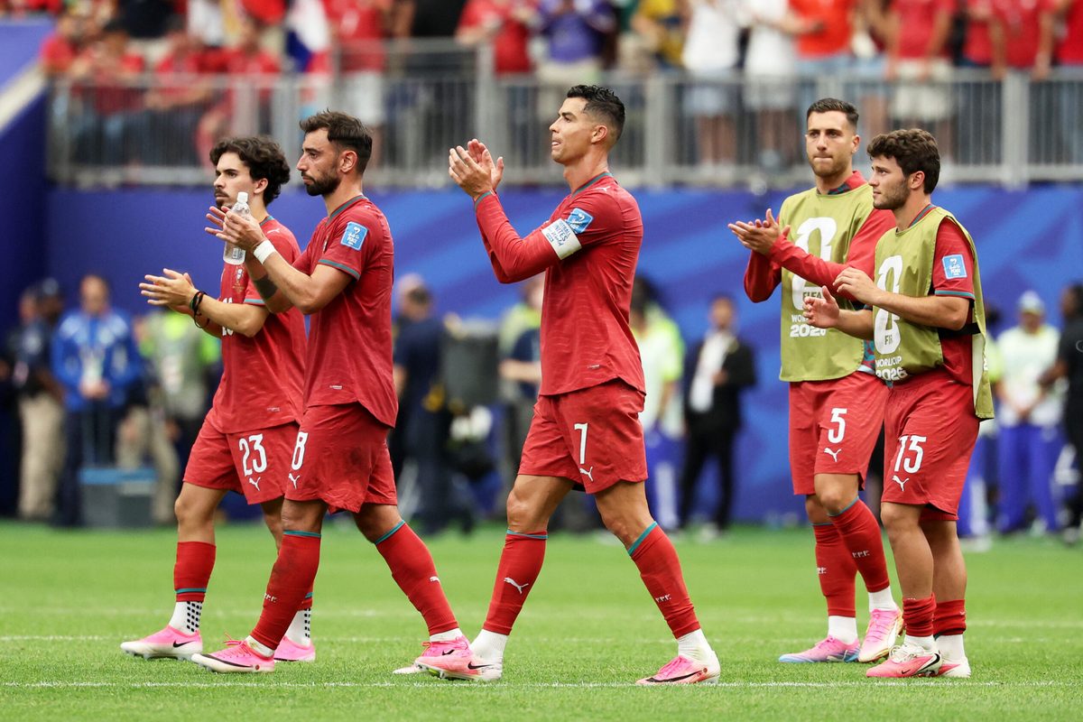 June 23, 2026; Houston, Texas, U.S.; Portugal's Cristiano Ronaldo, Bruno Fernandes, Vitinha, Joao Neves and Diogo Dalot celebrate after the match.  Mandatory Credit: Troy Taormina-Imagn Images