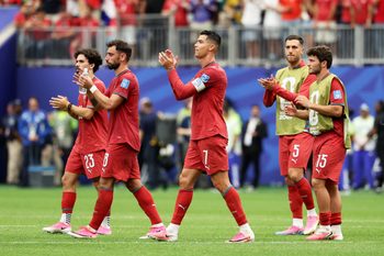 June 23, 2026; Houston, Texas, U.S.; Portugal's Cristiano Ronaldo, Bruno Fernandes, Vitinha, Joao Neves and Diogo Dalot celebrate after the match.  Mandatory Credit: Troy Taormina-Imagn Images