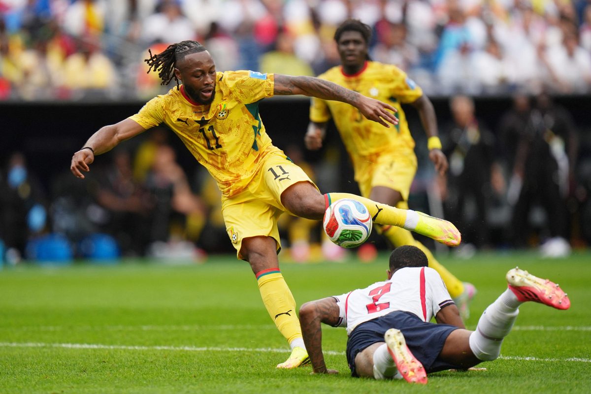 June 23, 2026; Foxborough, Massachusetts, U.S.; Ghana's Antoine Semenyo in action with England's Ezri Konsa.  Mandatory Credit: David Butler Ii-Imagn Images