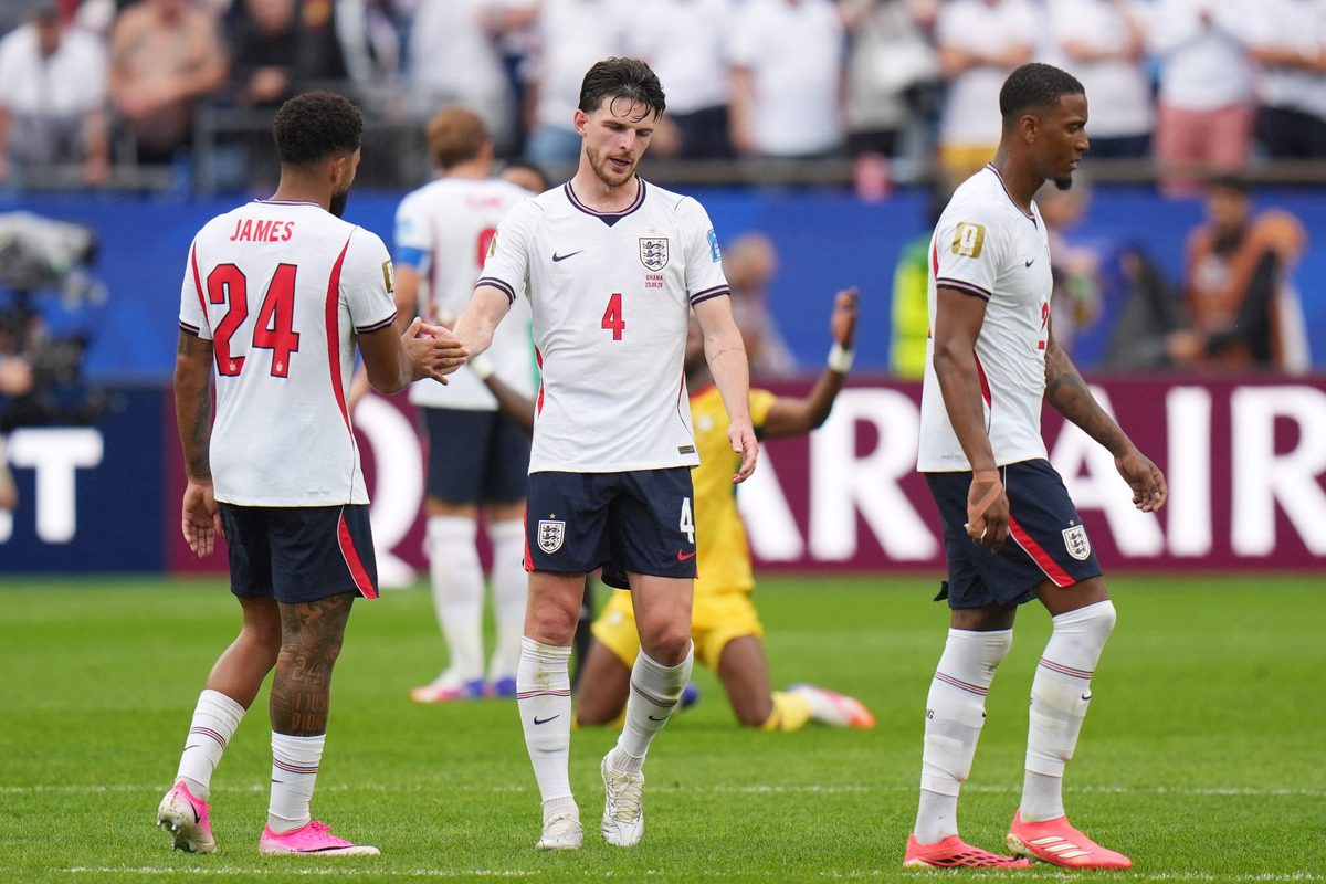 June 23, 2026; Foxborough, Massachusetts, U.S.; England's Declan Rice, Reece James and Ezri Konsa look dejected after the match.  Mandatory Credit: David Butler Ii-Imagn Images