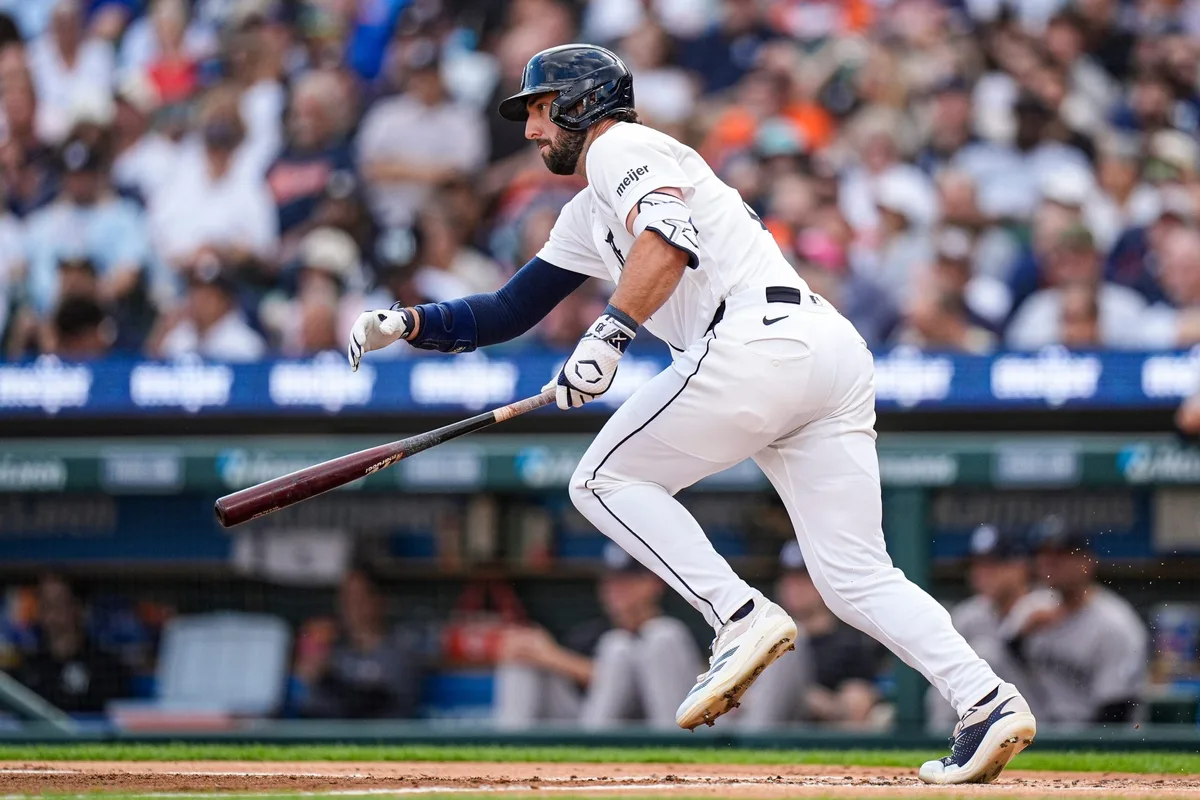 Detroit Tigers center fielder Matt Vierling (8) runs after batting against New York Yankees during the first inning at Comerica Park in Detroit on Tuesday, June 23, 2026.