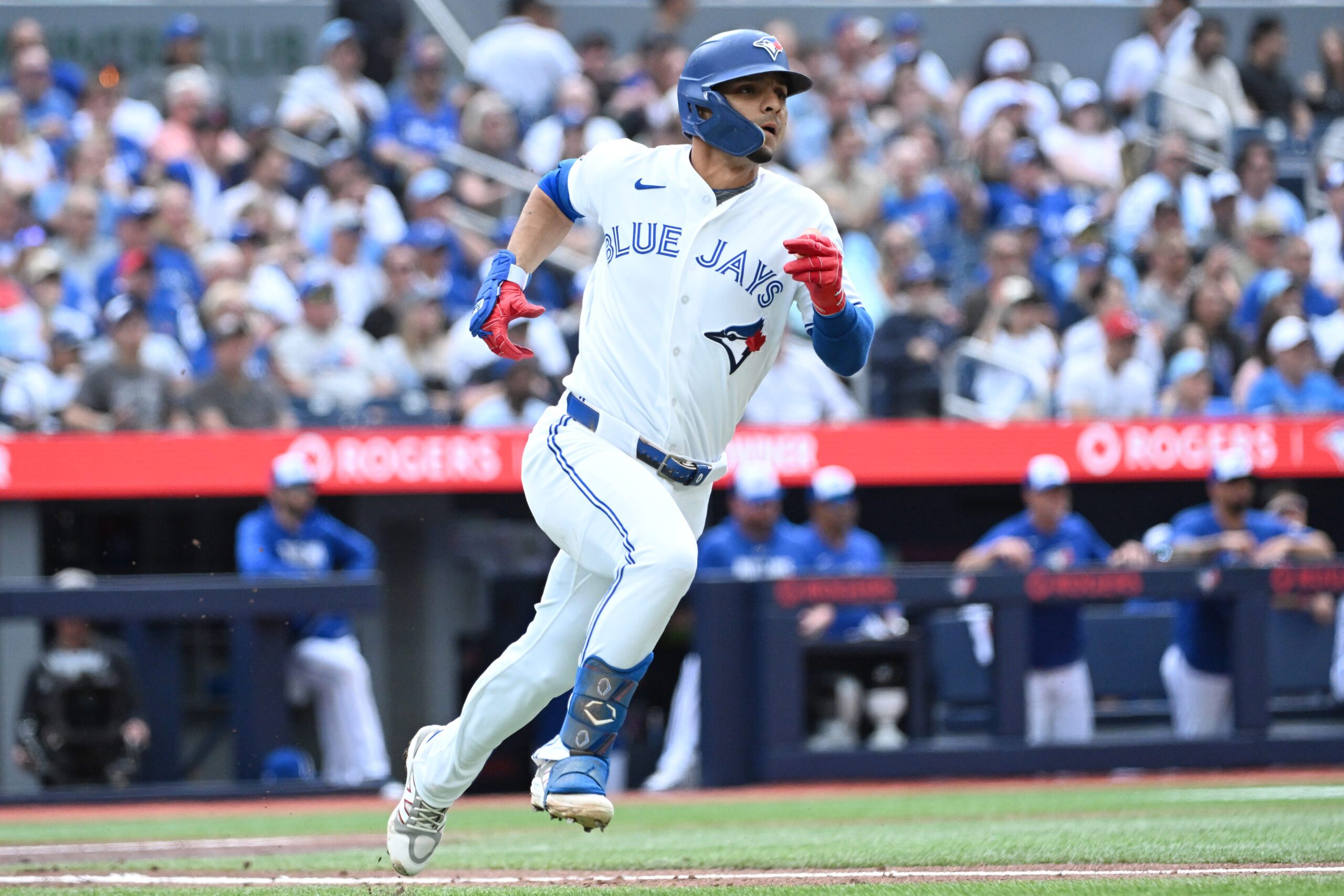 Jun 23, 2026; Toronto, Ontario, CAN;  Toronto Blue Jays shortstop Andres Gimenez (0) runs the bases after hitting a double against the Houston Astros in the second inning at Rogers Centre. Mandatory Credit: Dan Hamilton-Imagn Images