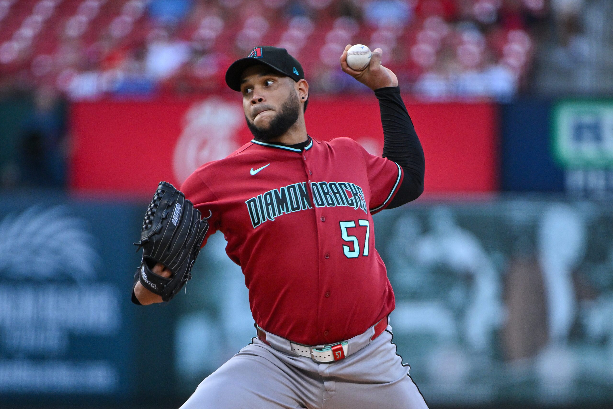 Jun 23, 2026; St. Louis, Missouri, USA; Arizona Diamondbacks starting pitcher Eduardo Rodriguez (57) pitches against the St. Louis Cardinals during the first inning at Busch Stadium. Mandatory Credit: Jeff Curry-Imagn Images