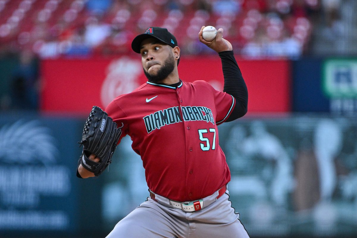 Jun 23, 2026; St. Louis, Missouri, USA; Arizona Diamondbacks starting pitcher Eduardo Rodriguez (57) pitches against the St. Louis Cardinals during the first inning at Busch Stadium. Mandatory Credit: Jeff Curry-Imagn Images