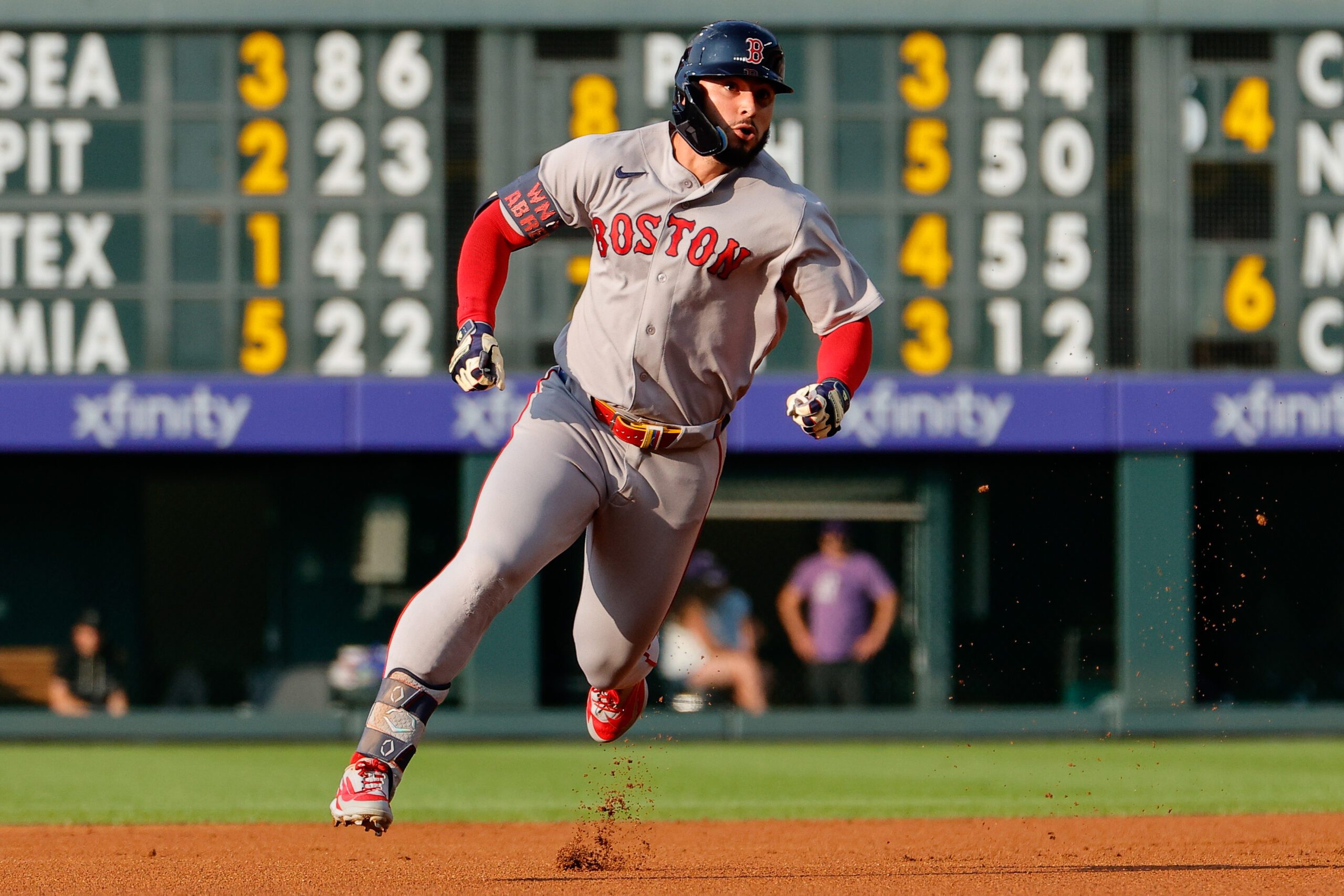 Jun 23, 2026; Denver, Colorado, USA; Boston Red Sox right fielder Wilyer Abreu (52) rounds the bases on an RBI triple in the first inning against the Colorado Rockies at Coors Field. Mandatory Credit: Isaiah J. Downing-Imagn Images