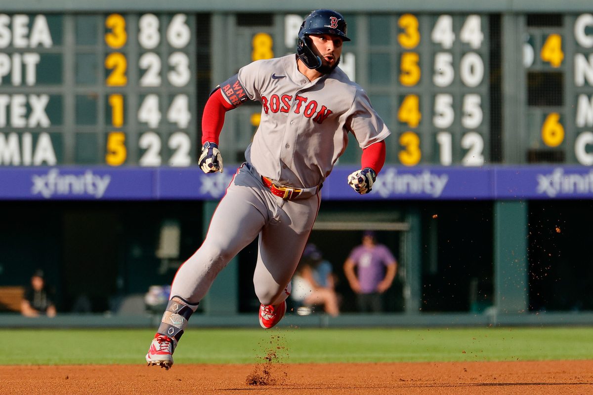 Jun 23, 2026; Denver, Colorado, USA; Boston Red Sox right fielder Wilyer Abreu (52) rounds the bases on an RBI triple in the first inning against the Colorado Rockies at Coors Field. Mandatory Credit: Isaiah J. Downing-Imagn Images