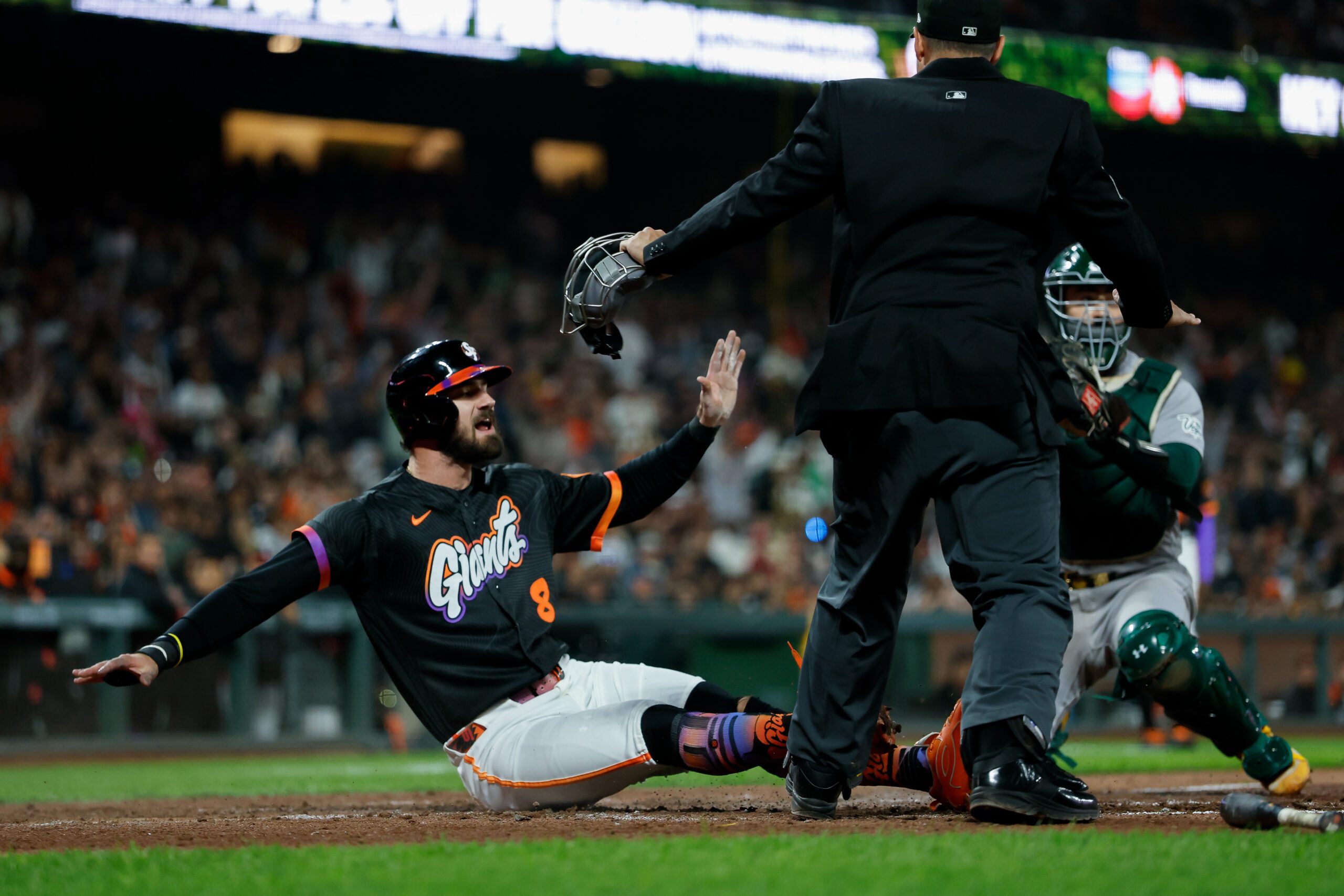 Jun 23, 2026; San Francisco, California, USA; San Francisco Giants designated hitter Bryce Eldridge (8) scores during the seventh inning against the Athletics at Oracle Park. Mandatory Credit: Sergio Estrada-Imagn Images