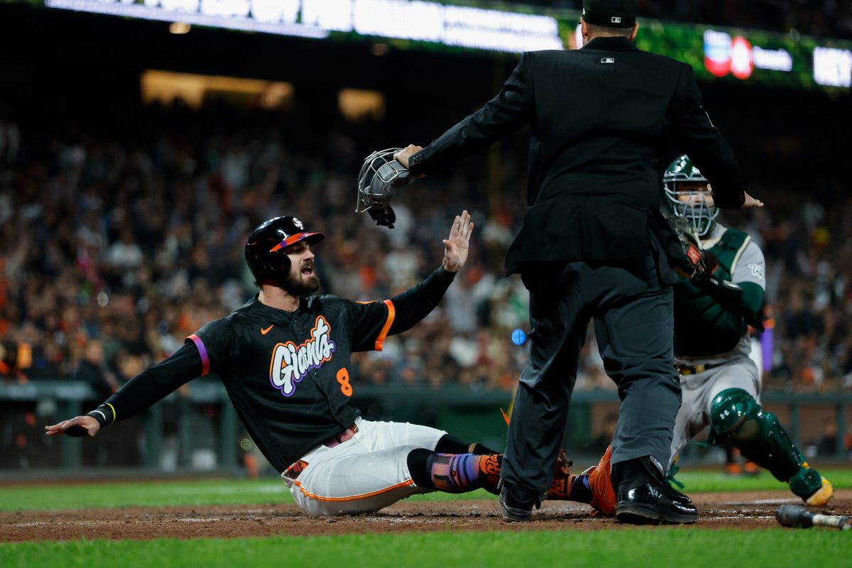 Jun 23, 2026; San Francisco, California, USA; San Francisco Giants designated hitter Bryce Eldridge (8) scores during the seventh inning against the Athletics at Oracle Park. Mandatory Credit: Sergio Estrada-Imagn Images