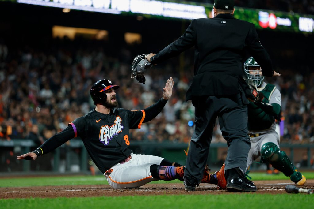 Jun 23, 2026; San Francisco, California, USA; San Francisco Giants designated hitter Bryce Eldridge (8) scores during the seventh inning against the Athletics at Oracle Park. Mandatory Credit: Sergio Estrada-Imagn Images