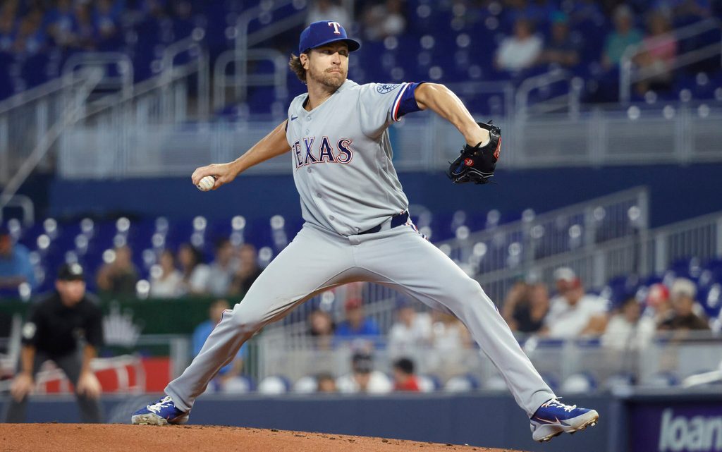Jun 24, 2026; Miami, Florida, USA; Texas Rangers pitcher Jacob Degrom (48) throws against the Miami Marlins during the first inning at loanDepot Park. Mandatory Credit: Rhona Wise-Imagn Images