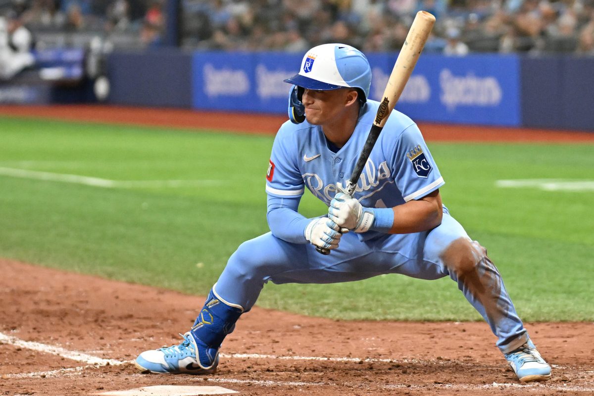 Jun 24, 2026; St. Petersburg, Florida, USA; Kansas City Royals left fielder Isaac Collins (1) reacts after getting called out on strikes in the fifth inning against the Tampa Bay Rays  at Tropicana Field. Mandatory Credit: Jonathan Dyer-Imagn Images