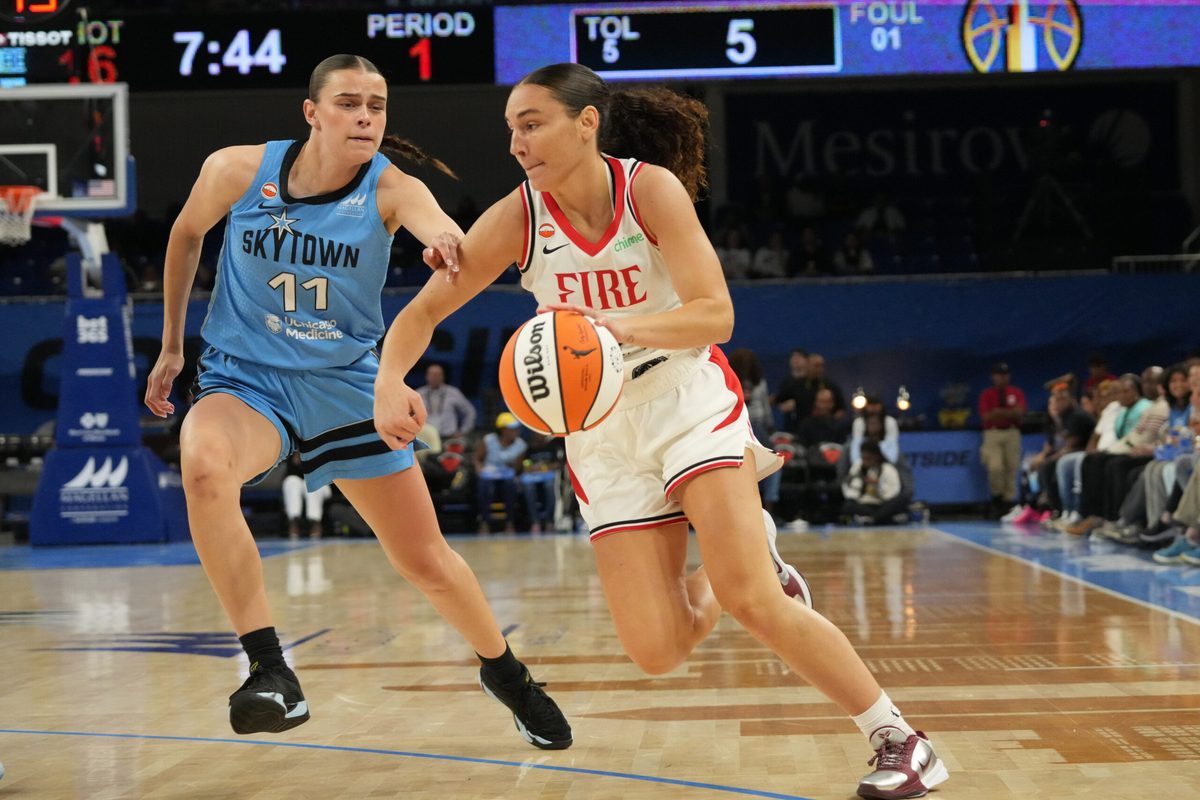 Jun 24, 2026; Chicago, Illinois, USA; Chicago Sky guard Gabriela Jaquez (11) defends as Portland Fire guard Carla Leite (0) dribbles the ball during the first half at Wintrust Arena. Mandatory Credit: David Banks-Imagn Images