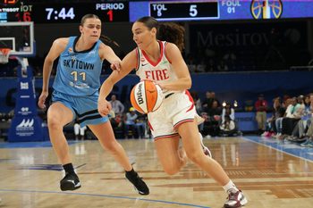 Jun 24, 2026; Chicago, Illinois, USA; Chicago Sky guard Gabriela Jaquez (11) defends as Portland Fire guard Carla Leite (0) dribbles the ball during the first half at Wintrust Arena. Mandatory Credit: David Banks-Imagn Images