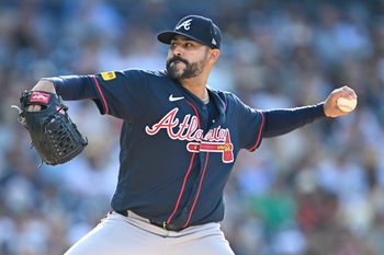Jun 24, 2026; San Diego, California, USA; Atlanta Braves pitcher Martín Pérez (33) during the first inning against the San Diego Padres at Petco Park. Mandatory Credit: Denis Poroy-Imagn Images