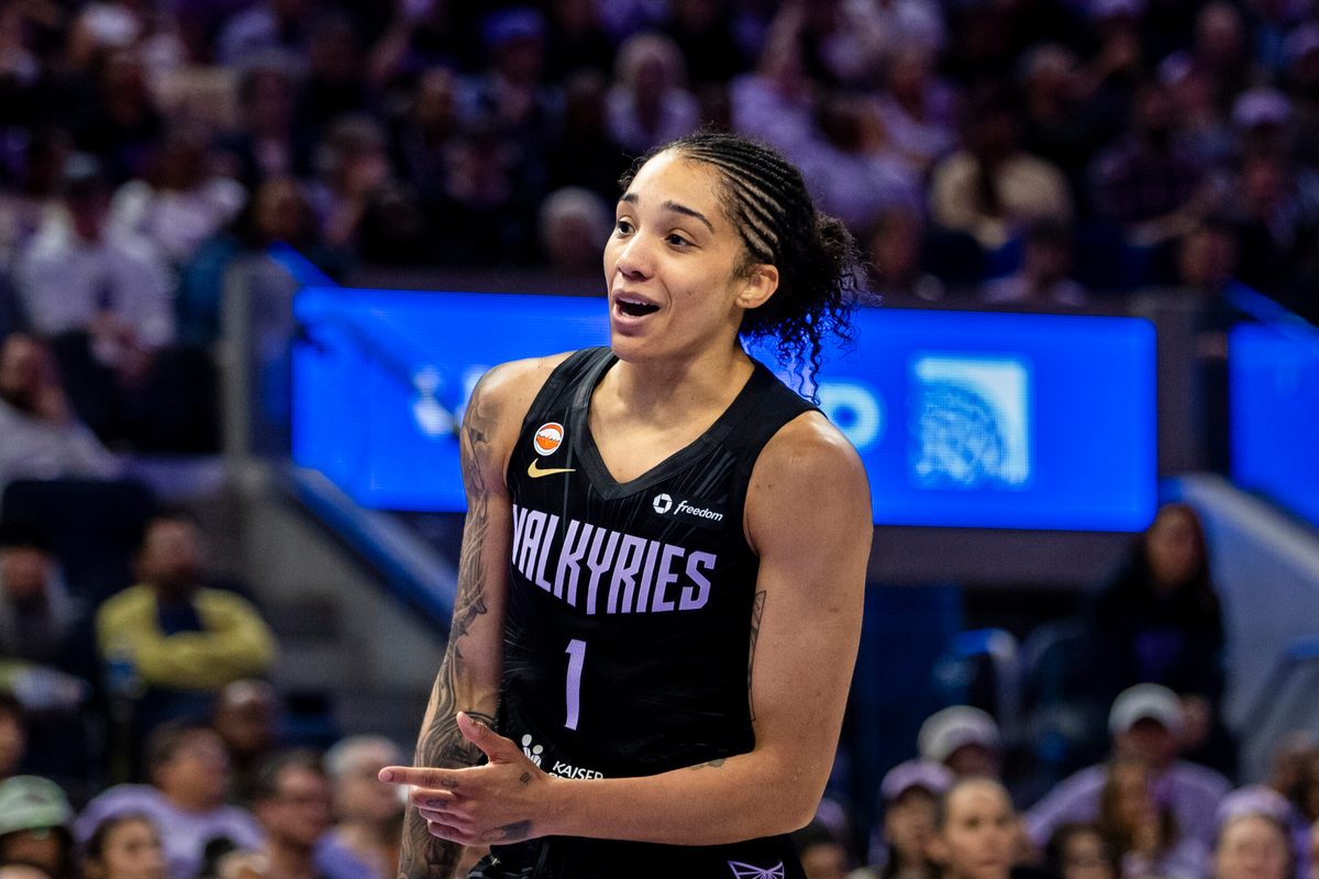 Jun 24, 2026; San Francisco, California, USA; Golden State Valkyries forward Gabby Williams (1) reacts during the third quarter against the Atlanta Dream at Chase Center. Mandatory Credit: John Hefti-Imagn Images