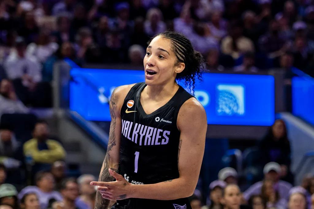Jun 24, 2026; San Francisco, California, USA; Golden State Valkyries forward Gabby Williams (1) reacts during the third quarter against the Atlanta Dream at Chase Center. Mandatory Credit: John Hefti-Imagn Images