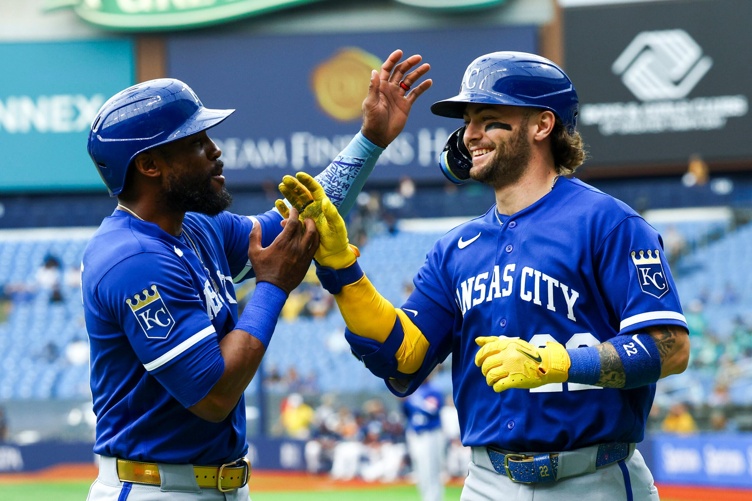 Jun 25, 2026; St. Petersburg, Florida, USA; Kansas City Royals right fielder Starling Marte (0) greets catcher Carter Jensen (22) after hitting a two-run home run against the Tampa Bay Rays in the ninth inning at Tropicana Field. Mandatory Credit: Nathan Ray Seebeck-Imagn Images