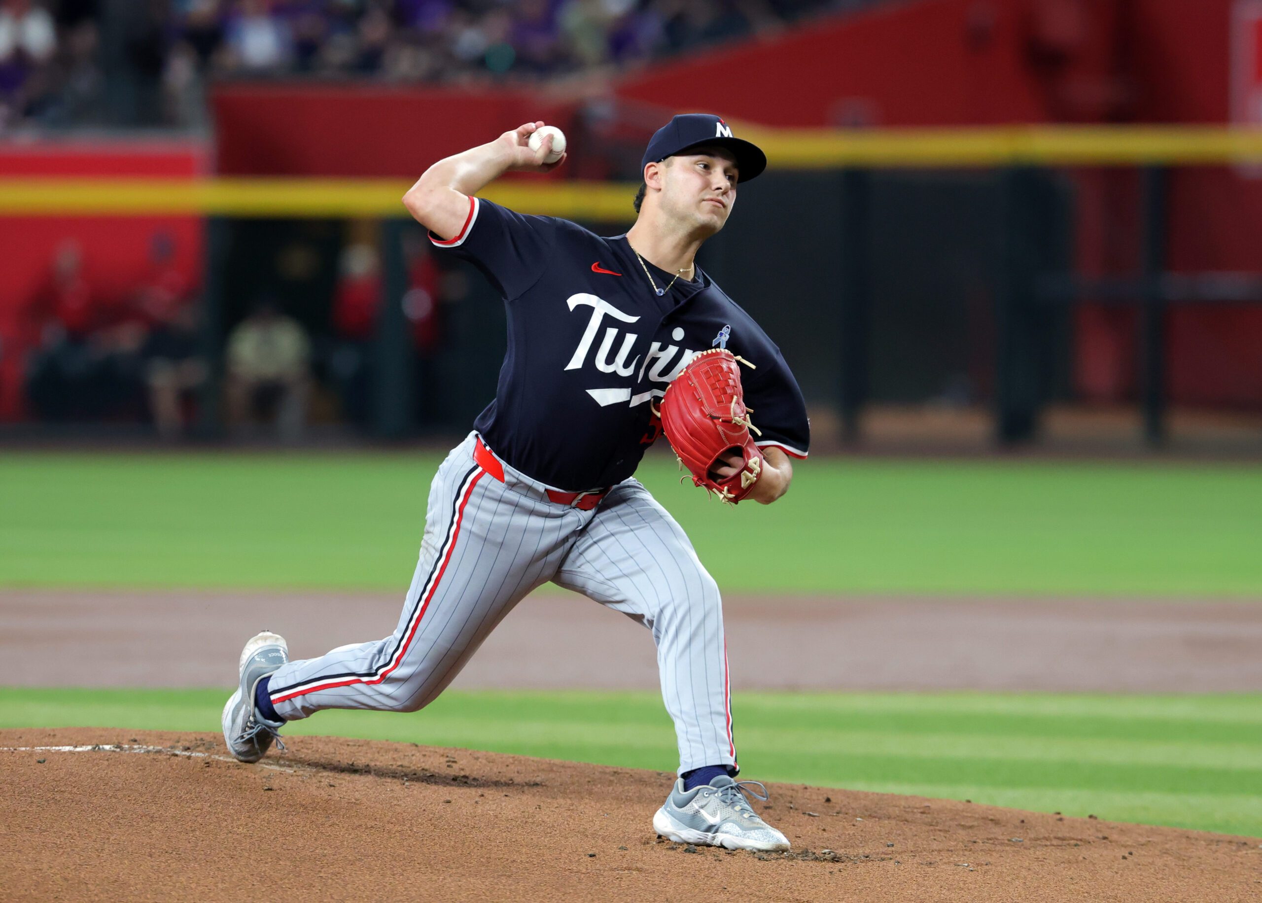 Jun 21, 2026; Phoenix, Arizona, USA; Minnesota Twins pitcher Mike Paredes against the Arizona Diamondbacks at Chase Field. Mandatory Credit: Mark J. Rebilas-Imagn Images