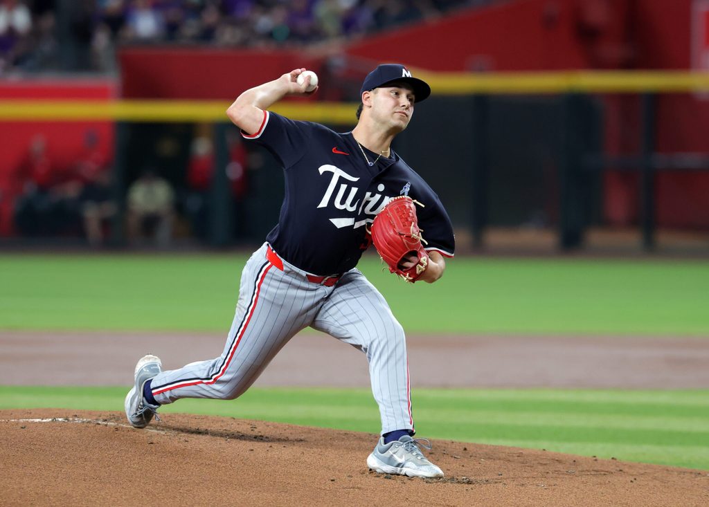 Jun 21, 2026; Phoenix, Arizona, USA; Minnesota Twins pitcher Mike Paredes against the Arizona Diamondbacks at Chase Field. Mandatory Credit: Mark J. Rebilas-Imagn Images