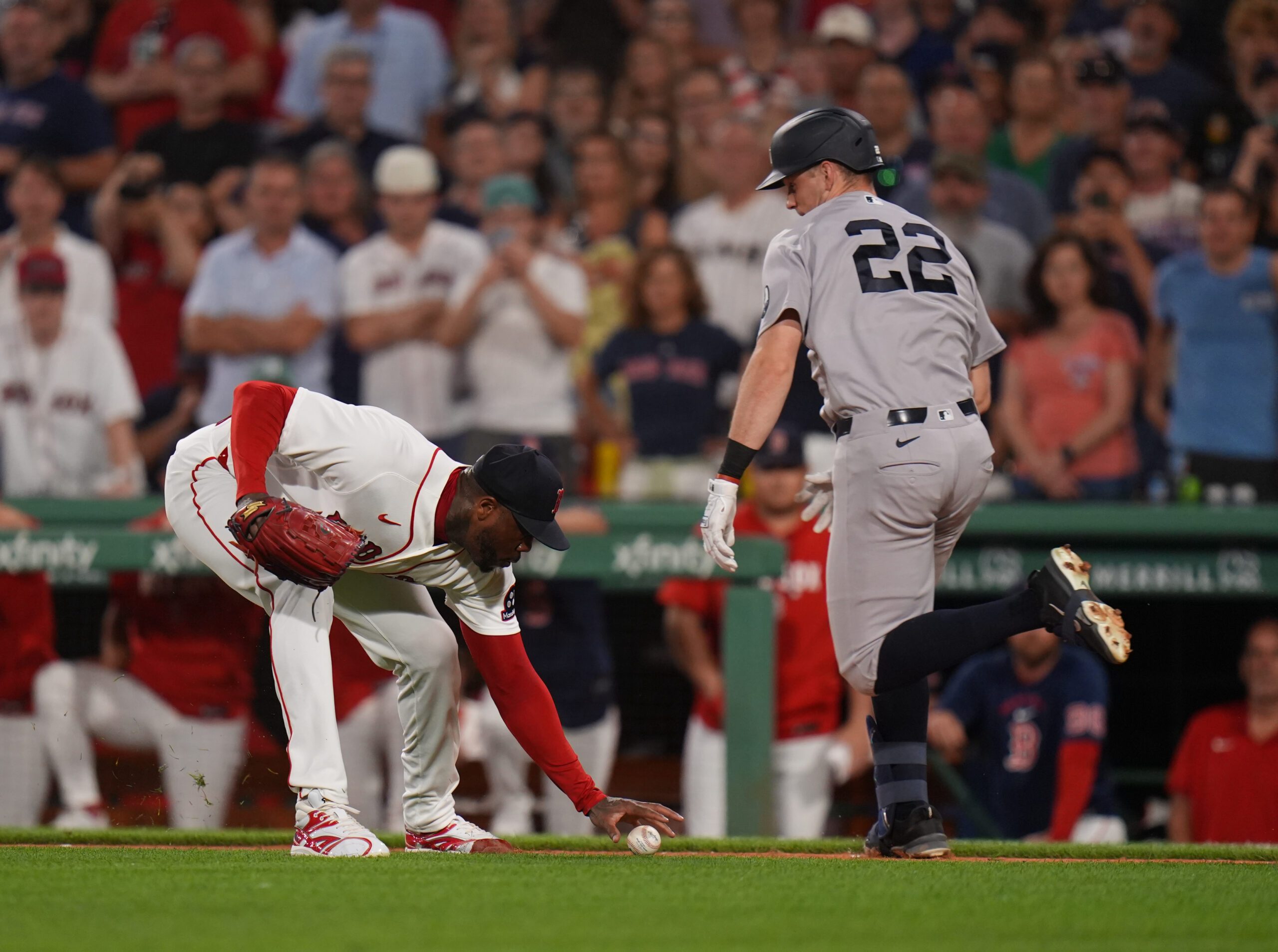 Jun 25, 2026; Boston, Massachusetts, USA; Boston Red Sox pitcher Aroldis Chapman (44) makes the play to first base against New York Yankees first baseman Ben Rice (22) to end the game in the ninth inning at Fenway Park. Mandatory Credit: David Butler II-Imagn Images