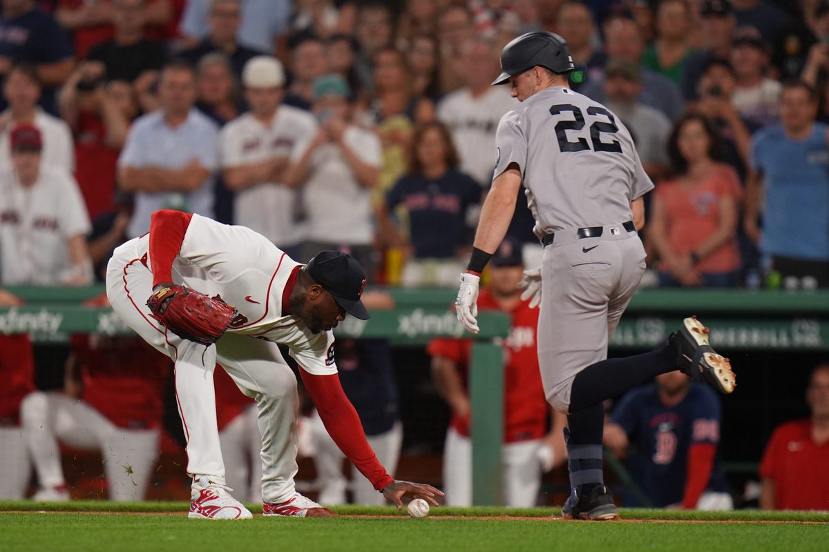 Jun 25, 2026; Boston, Massachusetts, USA; Boston Red Sox pitcher Aroldis Chapman (44) makes the play to first base against New York Yankees first baseman Ben Rice (22) to end the game in the ninth inning at Fenway Park. Mandatory Credit: David Butler II-Imagn Images