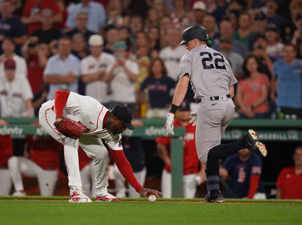 Jun 25, 2026; Boston, Massachusetts, USA; Boston Red Sox pitcher Aroldis Chapman (44) makes the play to first base against New York Yankees first baseman Ben Rice (22) to end the game in the ninth inning at Fenway Park. Mandatory Credit: David Butler II-Imagn Images