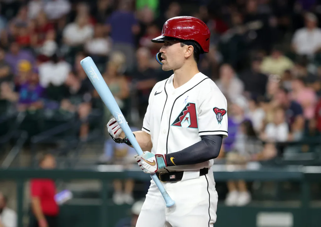 Jun 21, 2026; Phoenix, Arizona, USA; Arizona Diamondbacks outfielder Corbin Carroll against the Minnesota Twins at Chase Field. Mandatory Credit: Mark J. Rebilas-Imagn Images