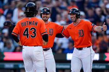 Detroit Tigers center fielder James Outman (43) celebrates batting a three run home run against Houston Astros with second baseman Zach McKinstry (39) and left fielder Matt Vierling (8) during the fourth inning at Comerica Park in Detroit on Friday, June 26, 2026.