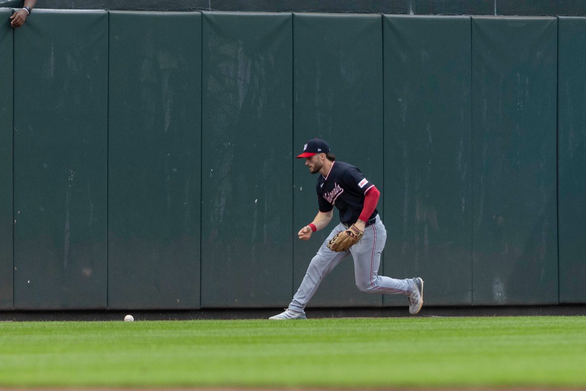 Jun 26, 2026; Baltimore, Maryland, USA; Washington Nationals left fielder Dylan Crews (3) fielding the ball hit by Baltimore Orioles right fielder Tyler O’Neill (9) in the second inning against the Baltimore Orioles at Oriole Park at Camden Yards. Mandatory Credit: Lexi Thompson-Imagn Images