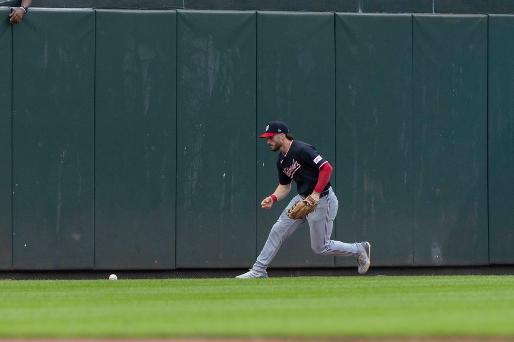 Jun 26, 2026; Baltimore, Maryland, USA; Washington Nationals left fielder Dylan Crews (3) fielding the ball hit by Baltimore Orioles right fielder Tyler O’Neill (9) in the second inning against the Baltimore Orioles at Oriole Park at Camden Yards. Mandatory Credit: Lexi Thompson-Imagn Images