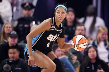 Jun 26, 2026; San Francisco, California, USA; Atlanta Dream forward Angel Reese (5) dribbles the ball against the Golden State Valkyries during the first quarter at Chase Center. Mandatory Credit: Robert Edwards-Imagn Images