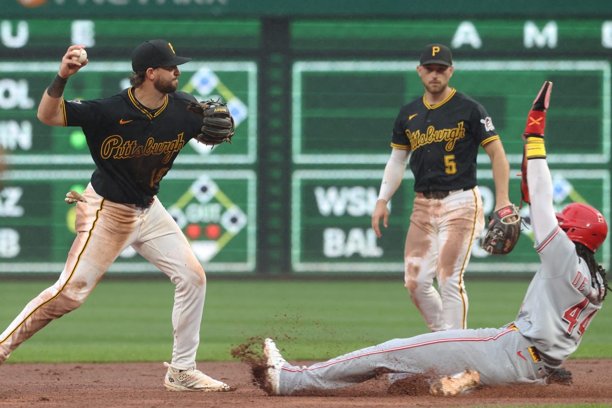 Jun 27, 2026; Pittsburgh, Pennsylvania, USA;  Pittsburgh Pirates shortstop Jared Triolo (19) turns a double play over Cincinnati Reds shortstop Elly de la Cruz (44) during the ninth inning at PNC Park. Mandatory Credit: Charles LeClaire-Imagn Images