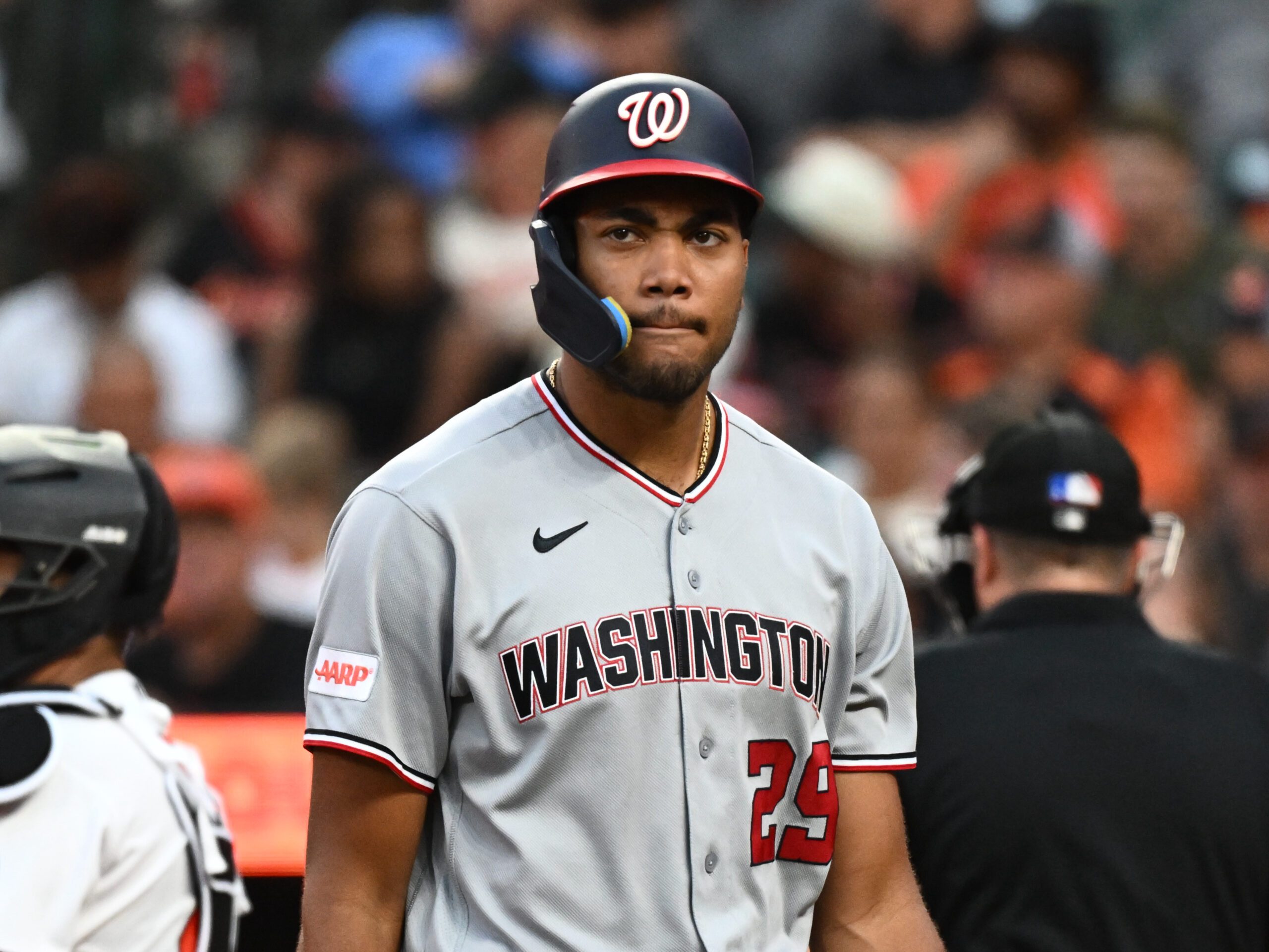 Jun 27, 2026; Baltimore, Maryland, USA;  Washington Nationals right fielder James Wood (29) looks over the field during the third inning against the Baltimore Orioles at Oriole Park at Camden Yards. Mandatory Credit: James A. Pittman-Imagn Images