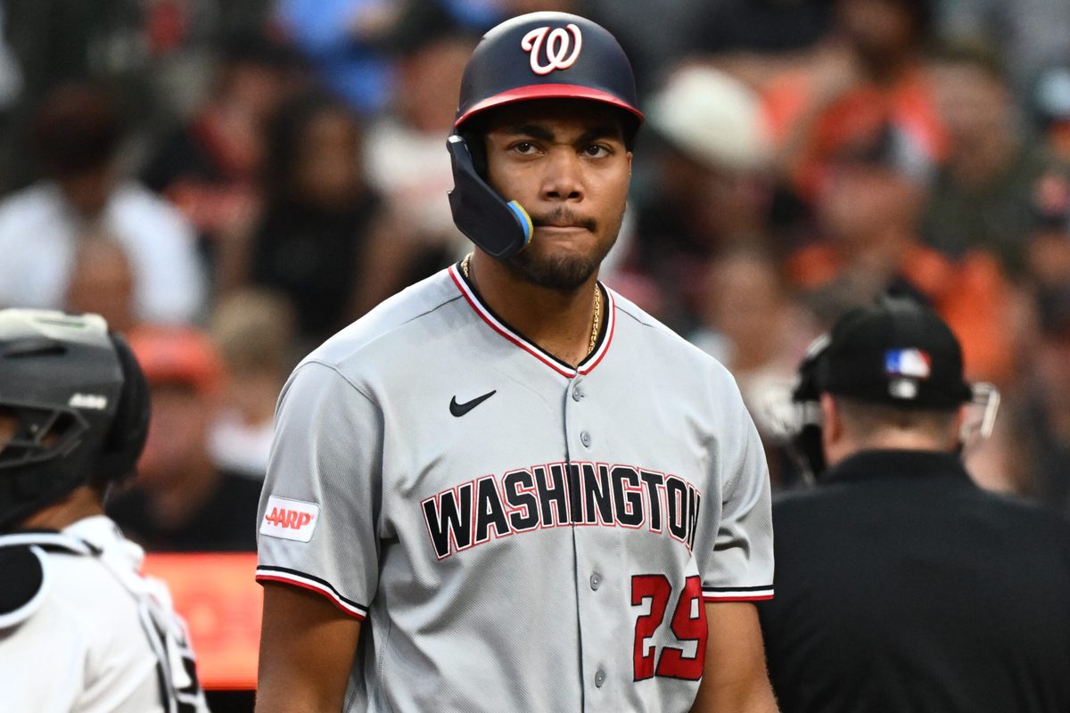 Jun 27, 2026; Baltimore, Maryland, USA;  Washington Nationals right fielder James Wood (29) looks over the field during the third inning against the Baltimore Orioles at Oriole Park at Camden Yards. Mandatory Credit: James A. Pittman-Imagn Images