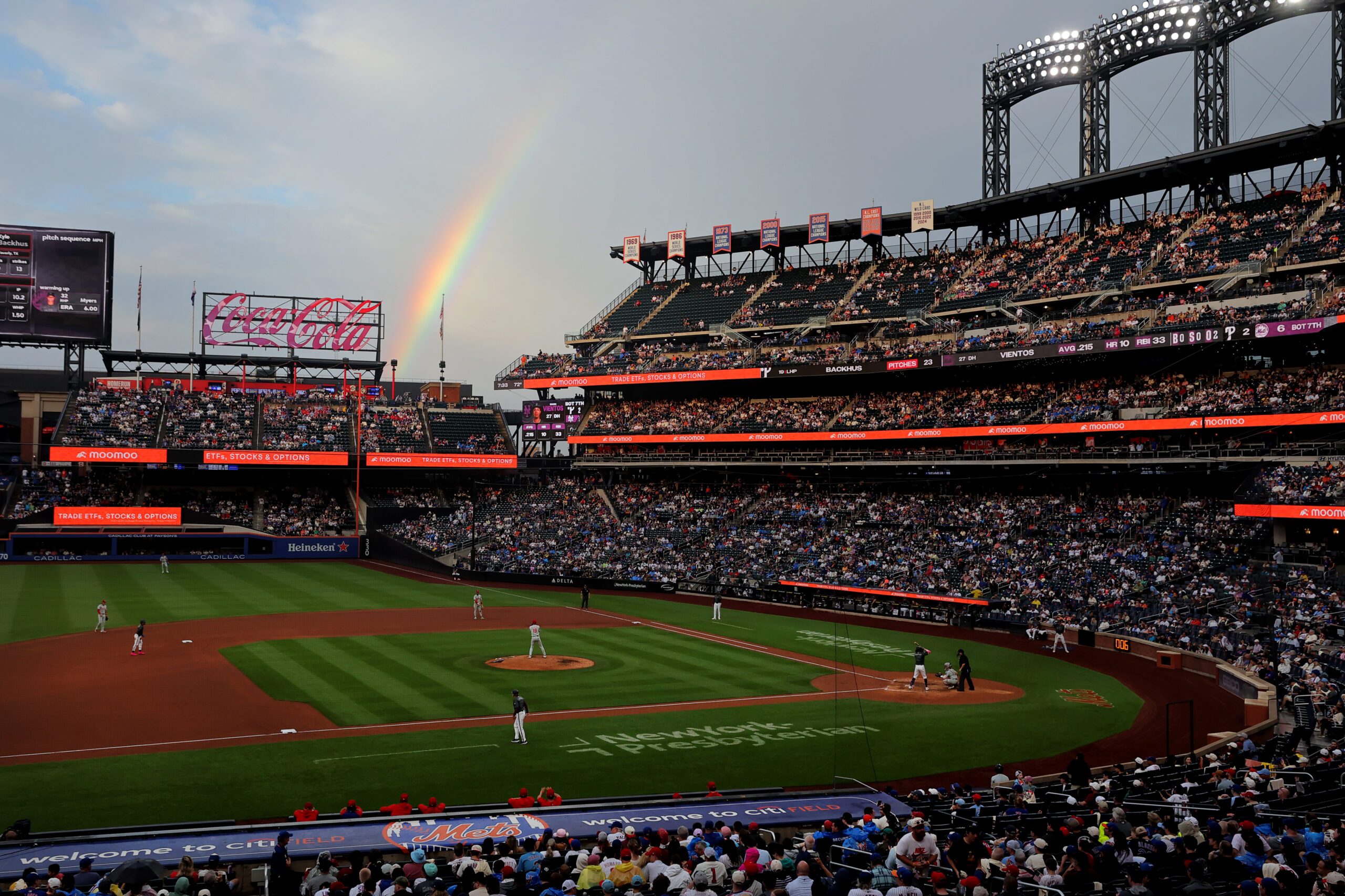 Jun 27, 2026; New York City, New York, USA; General view of a rainbow over Citi Field during the seventh inning between the New York Mets and Philadelphia Phillies at Citi Field. Mandatory Credit: Brad Penner-Imagn Images