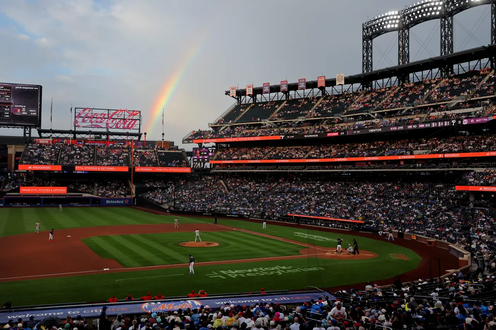Jun 27, 2026; New York City, New York, USA; General view of a rainbow over Citi Field during the seventh inning between the New York Mets and Philadelphia Phillies at Citi Field. Mandatory Credit: Brad Penner-Imagn Images