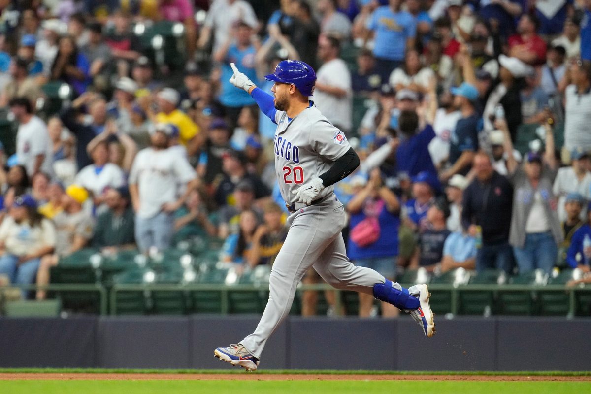 Jun 27, 2026; Milwaukee, Wisconsin, USA; Chicago Cubs left fielder Michael Conforto (20) rounds the bases after hitting a home run against the Milwaukee Brewers in the ninth inning at American Family Field. Mandatory Credit: Michael McLoone-Imagn Images