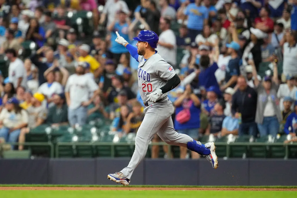 Jun 27, 2026; Milwaukee, Wisconsin, USA; Chicago Cubs left fielder Michael Conforto (20) rounds the bases after hitting a home run against the Milwaukee Brewers in the ninth inning at American Family Field. Mandatory Credit: Michael McLoone-Imagn Images