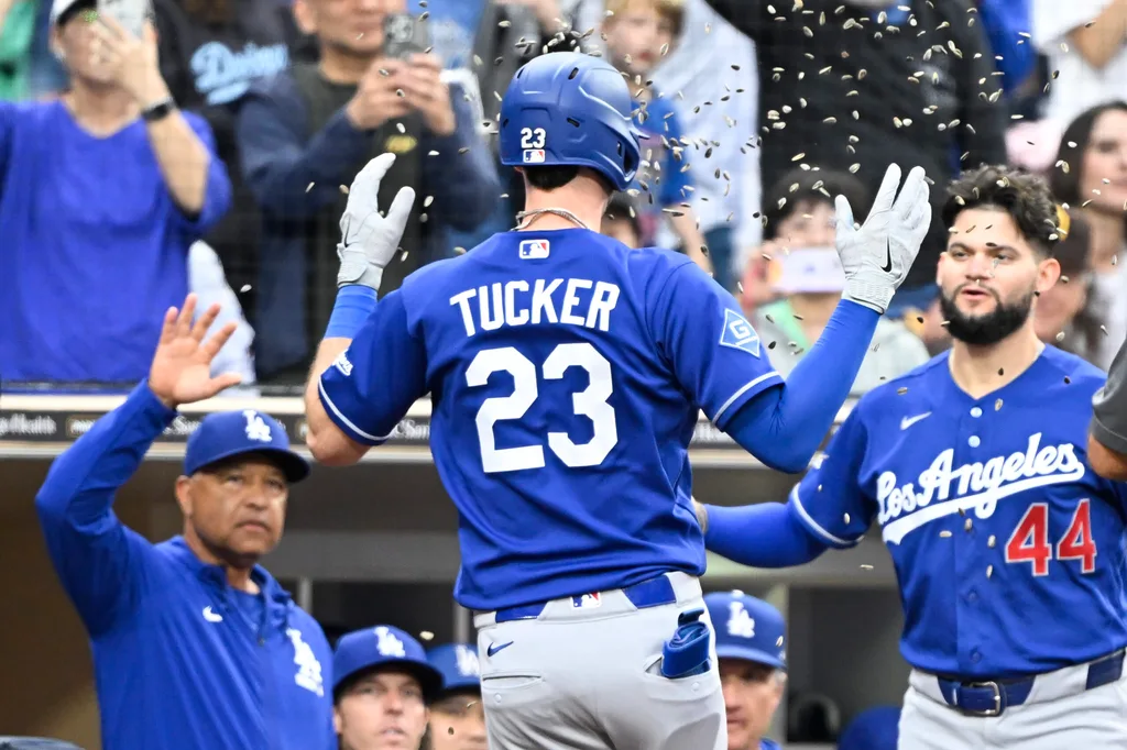 Jun 27, 2026; San Diego, California, USA; Los Angeles Dodgers right fielder Kyle Tucker (23) is welcomed into the dugout after hitting a two-run home run during the sixth inning against the San Diego Padres at Petco Park. Mandatory Credit: Denis Poroy-Imagn Images
