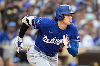 Jun 27, 2026; San Diego, California, USA; Los Angeles Dodgers designated hitter Shohei Ohtani (17) runs after hitting a single during the sixth inning against the San Diego Padres at Petco Park. Mandatory Credit: Denis Poroy-Imagn Images