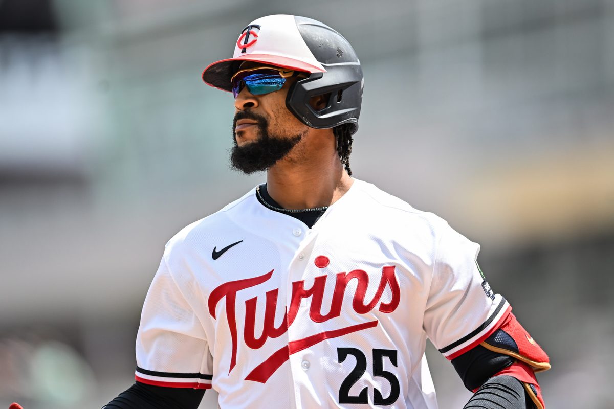 Jun 28, 2026; Minneapolis, Minnesota, USA; Minnesota Twins designated hitter Byron Buxton (25) looks on against the Colorado Rockies during the fourth inning at Target Field. Mandatory Credit: Jeffrey Becker-Imagn Images