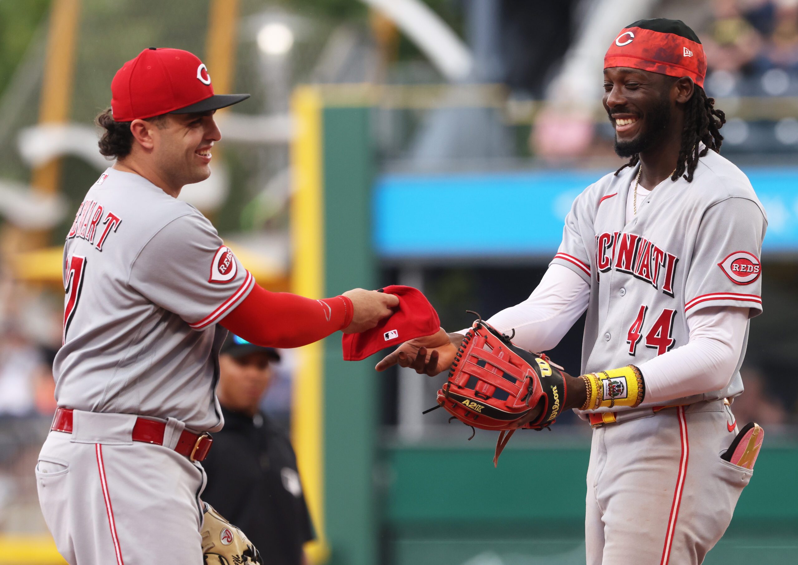 Jun 28, 2026; Pittsburgh, Pennsylvania, USA;  Cincinnati Reds first baseman Sal Stewart (27) reacts with shortstop Elly de la Cruz (44) against the Pittsburgh Pirates during the seventh inning at PNC Park. Mandatory Credit: Charles LeClaire-Imagn Images