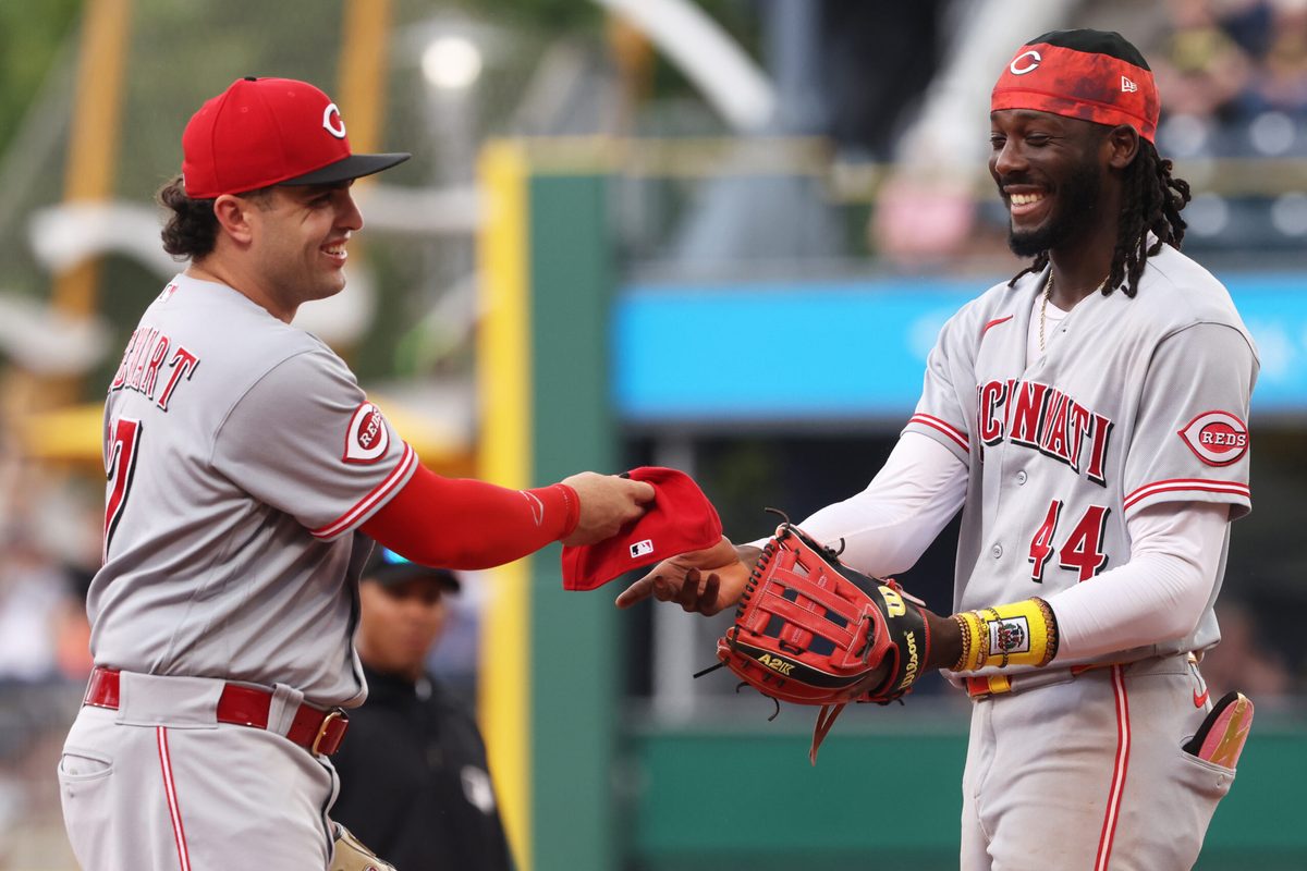 Jun 28, 2026; Pittsburgh, Pennsylvania, USA;  Cincinnati Reds first baseman Sal Stewart (27) reacts with shortstop Elly de la Cruz (44) against the Pittsburgh Pirates during the seventh inning at PNC Park. Mandatory Credit: Charles LeClaire-Imagn Images