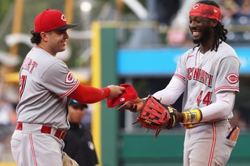Jun 28, 2026; Pittsburgh, Pennsylvania, USA;  Cincinnati Reds first baseman Sal Stewart (27) reacts with shortstop Elly de la Cruz (44) against the Pittsburgh Pirates during the seventh inning at PNC Park. Mandatory Credit: Charles LeClaire-Imagn Images