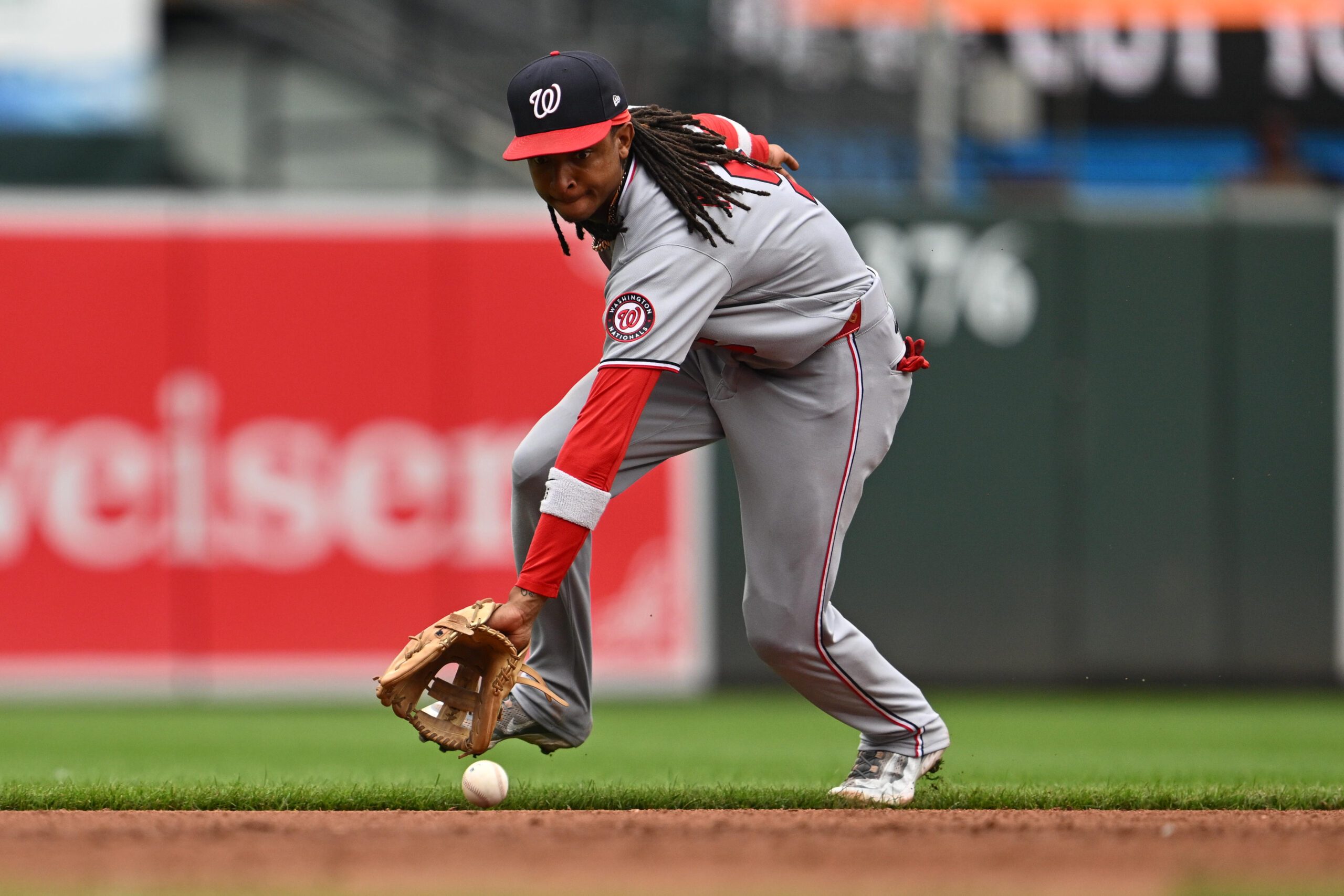 Jun 28, 2026; Baltimore, Maryland, USA;  Washington Nationals infielder CJ Abrams (5) fields a ground ball in the sixth inning against the Baltimore Orioles at Oriole Park at Camden Yards. Mandatory Credit: Jamie Sabau-Imagn Images