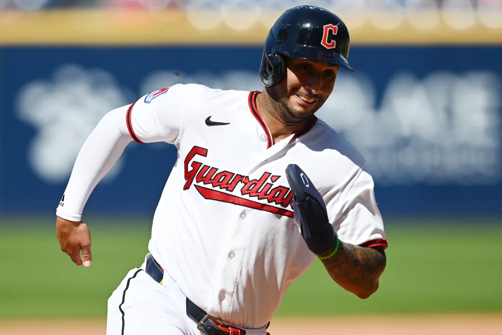 Jun 28, 2026; Cleveland, Ohio, USA; Cleveland Guardians shortstop Brayan Rocchio (4) rounds third base en route to scoring during the eighth inning against the Seattle Mariners at Progressive Field. Mandatory Credit: Ken Blaze-Imagn Images